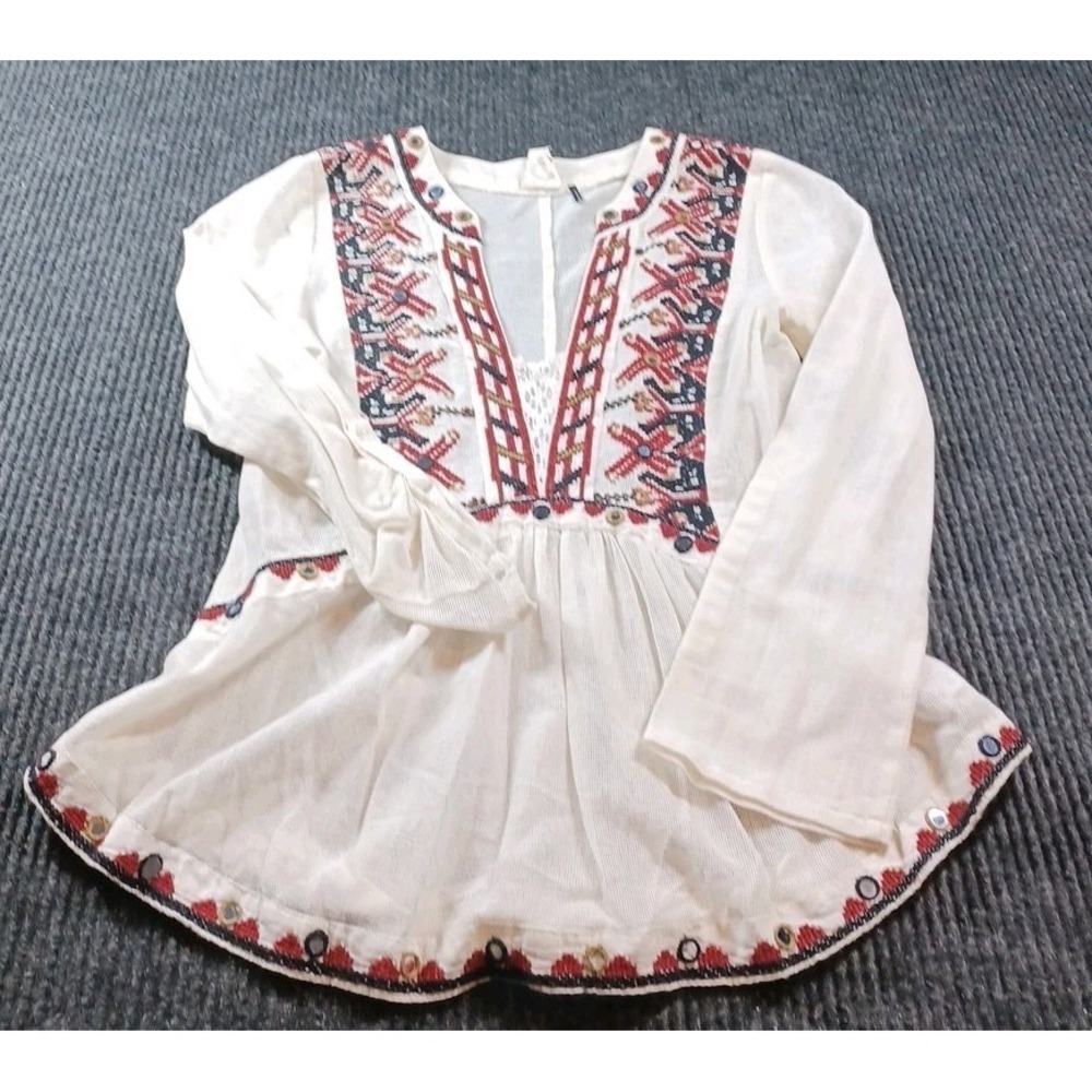 Anthropologie Akemi + Kin Cream Embroidered Peasant Top Blouse Boho XSMALL